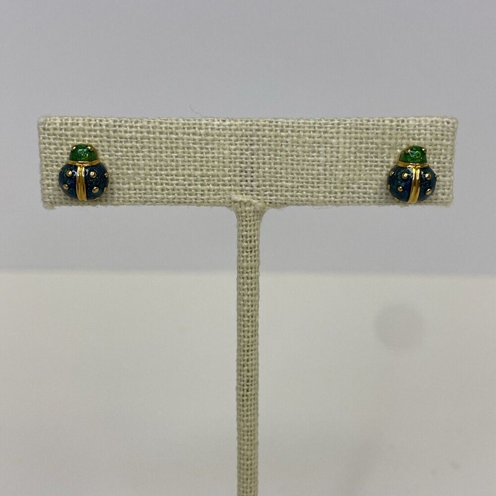 Joan Rivers Enamel Blue & Green Ladybug Earrings Gold Tone Pierced - Rare Color